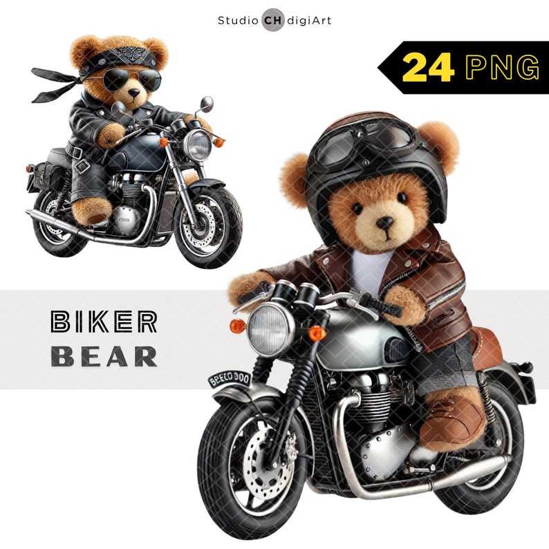 May include: Two teddy bears dressed as bikers riding vintage motorcycles. The bears are wearing leather jackets, helmets, and sunglasses. The motorcycles are silver and black with chrome accents. The text "Biker Bear" is written below the image.
