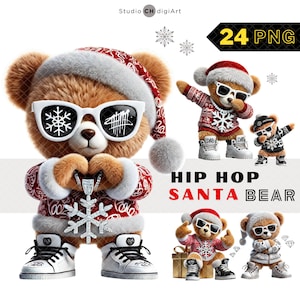 3D Hip Hop Santa Bear Clipart, 24 fichiers PNG de haute qualité, Clipart Noël ours en peluche, ours de Noël Cool, ours en peluche 3D, Cool père Noël