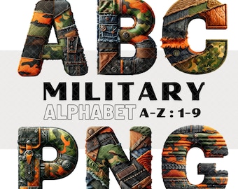 May include: A set of alphabet letters A, B, C, P, N, and G made of fabric scraps in camouflage, denim, and orange colors. The letters are arranged in two rows. The text "MILITARY ALPHABET A-Z: 1-9" is below the letters.