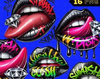 Graffiti Dripping Lips Clipart - Trendy Digital Download, Cool Craft Graphics, Dripping Lip PNG, Lips PNG, Graffiti Lip PNG, Colorful Lip