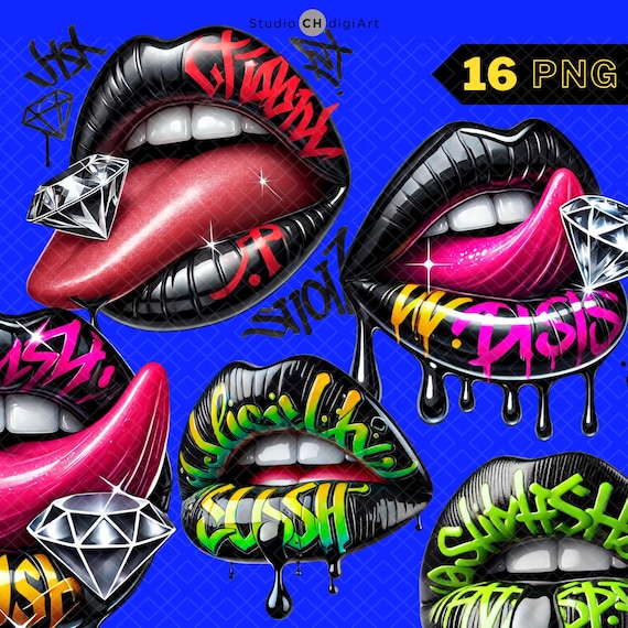 Graffiti Dripping Lips Clipart - Trendy Digital Download, Cool Craft Graphics, Dripping Lip PNG, Lips PNG, Graffiti Lip PNG, Colorful Lip