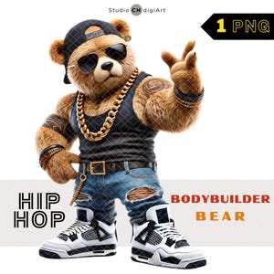 Hip Hop Bodybuilder Bär Clipart, Bodybuilder Bär PNG, Tätowierter Bär Fitnessstudio Bodybuilder, 3D Cooler Bär, Hip Hop PNG, Fitness Bär PNG