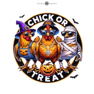 Küken oder Leckerli PNG, Halloween Huhn Clipart, lustiges Halloween Huhn PNG, Halloween Design, Coole Halloween Sublimation, Skelett T-Shirt