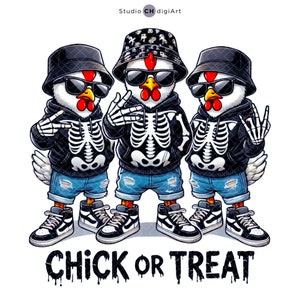 Küken oder Leckerli PNG, Halloween Huhn Clipart, lustiges Halloween Huhn PNG, Halloween Design, Coole Halloween Sublimation, Skelett T-Shirt
