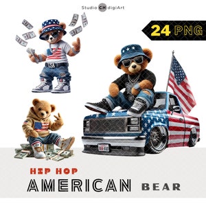 Hip Hop amerikanischer Bär Clipart, 4. Juli, 3D Jungen-Teddybär PNG, amerikanische Clipart, amerikanische Flagge Teddy PNG, reicher Bär, Gangster-Bär