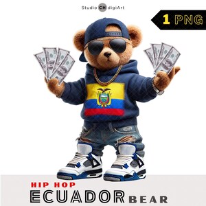 Hip Hop Ecuador Bär Clipart, 3D Junge Teddybär PNG, Bär wirft Geld, Ecuador Flagge Teddy, Ecuador Flagge PNG, Ecuador PNG, Reicher Bär, # 03