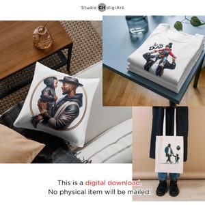 May include: A digital download of a graphic design featuring a father and son. The design is available in three different formats: a pillow, a tote bag, and a t-shirt. The design features a black man with a beard and a young boy. The father is wearing a black leather jacket and a black hat. The son is wearing a blue jacket and a red shirt. The design is set against a white background.