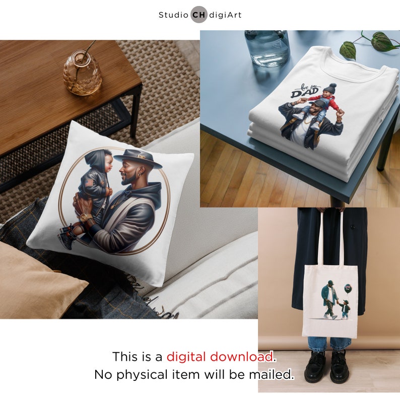 May include: A digital download of a graphic design featuring a father and son. The design is available in three different formats: a pillow, a tote bag, and a t-shirt. The design features a black man with a beard and a young boy. The father is wearing a black leather jacket and a black hat. The son is wearing a blue jacket and a red shirt. The design is set against a white background.