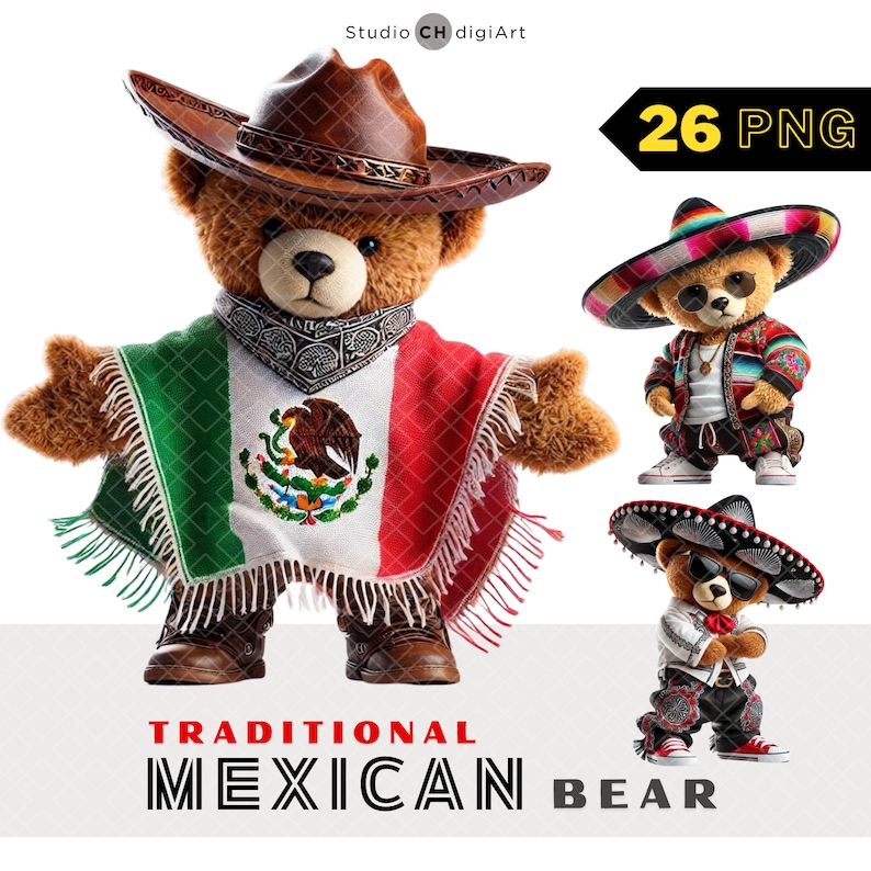 May include: A brown teddy bear wearing a traditional Mexican poncho with the colors of the Mexican flag, a brown cowboy hat, and brown boots. The bear is standing on a white background. 26 PNG.