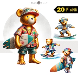 Hip Hop Surfing Bear Clipart, 20 Bear on Surfboard, Summer Bear PNG, Teddy Bear Watercolor PNG, Graffiti Bear Clipart, Hip Hop PNG