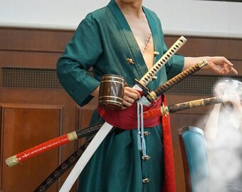 Costume cosplay, Roronoa Zoro, cappotto verde, pantaloni cintura, accessori, parrucca, orecchini