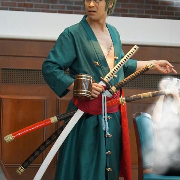 Déguisement cosplay, Zoro Roronoa, Manteau vert, Pantalon ceinture, Accessoires, Perruque, Boucles d'oreilles