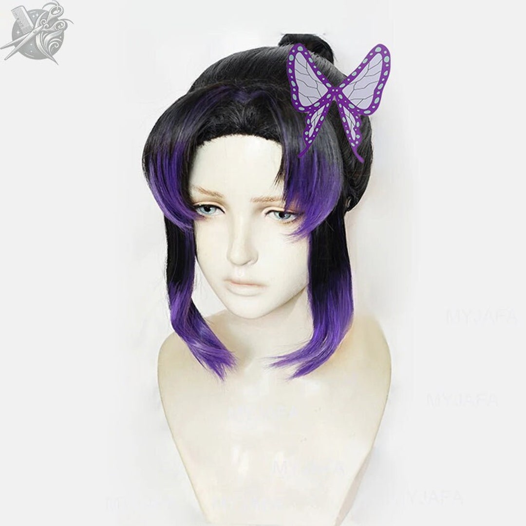 Peluca De Shinobu Kocho Con Mariposa Y Gorro – Cosplay De Demon Slayer, Fibra Sintética De 30 Cm En Morado Y Negro, Ideal Para Halloween Y Fiestas Temáticas