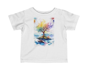 T-shirt da neonato in jersey fine con albero e foglie arcobaleno | Pittura ad acquerello stravagante