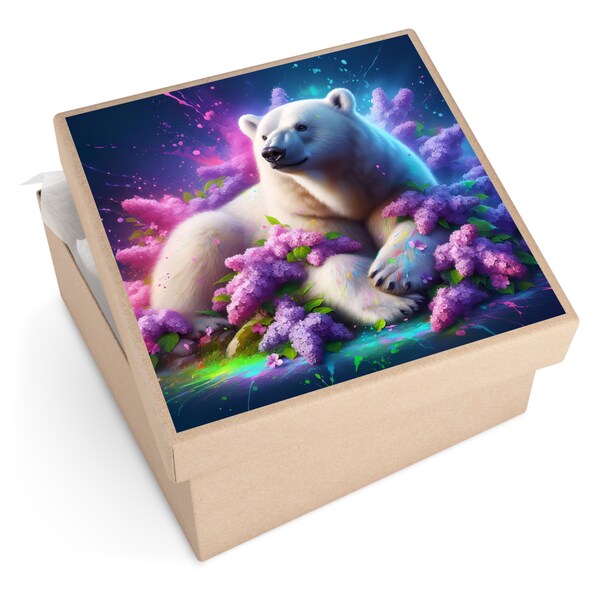 White Polar Bear Among Lilac Flowers Square Vinyl Stickers