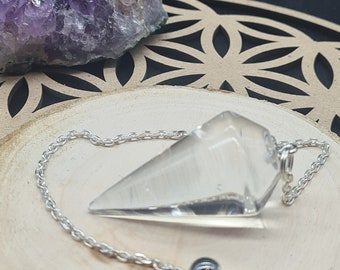 Drop rock crystal pendulum, pendulum with silver and Hematite chain,