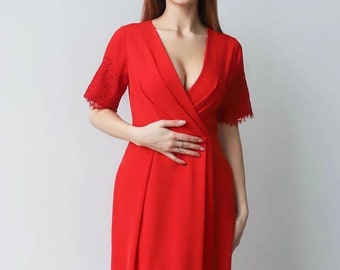 Rotes Kleid A-Linie mit V-Ausschnitt, Maxi-Kleid mit kurzen Spitzenärmeln, Brautjungfer langes Kleid, Abendkleid, rotes Plus Size Kleid, Hochzeitsgast Kleid