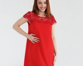 Rotes Kleid mit Spitze, besonderes Kleid, Kleid mit kurzen Ärmeln, rotes Kleid in Übergröße, Frauen Minikleid, Hochzeit Gast, Knielanges Kleid, Übergröße