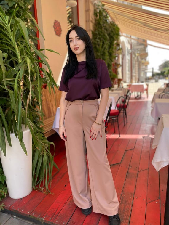 Pantalon Tenue Restaurant Chic Femme Pantalon Rose Pâle Large Et