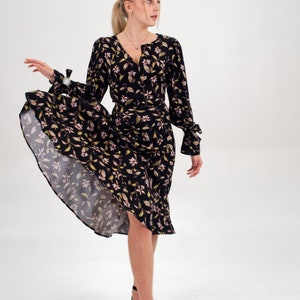 Long sleeved black floral dress, Midi dress, Dress for women, Elegant black dress with floral print, fitted silhouette, knee length dress