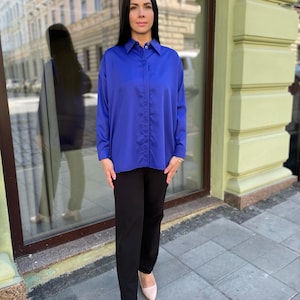 Blue Cotton Shirt Blouse, Women Loose Shirt, Summer Casual Shirt, Long Sleeve Cotton Blouses, Button Up Shirt, Elegant Spring Fashion