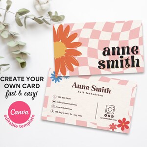 Retro Floral doppelseitige Karte, bearbeitbare Visitenkarte, druckbare benutzerdefinierte Canva-Vorlage für kleine Unternehmen Nageltechniker Künstler