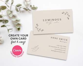 Beauty Salon Editable Professional Business Card, Printable Minimalist Business Card, Instant Download, Custom Canva Template Small Business