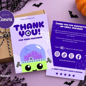 May include: A rectangular thank you card with a light purple background featuring a cartoon monster with a brain in a glass dome, the text THANK YOU FOR YOUR PURCHASE, and a back side with social media icons and a five-star review prompt.