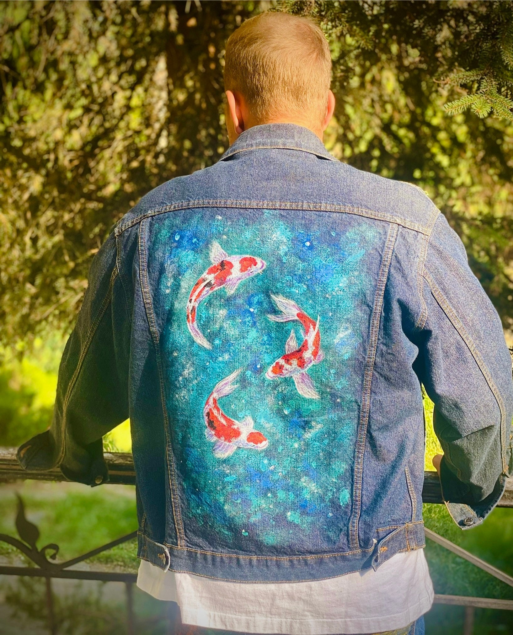 Custom jacket, koi fish, hand painted, painting on clothes, jeans jacket,  custom denim jacket