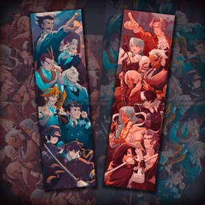 Peut inclure: Deux impressions d'art verticales présentant des illustrations stylisées de personnages d'anime. Les impressions présentent une variété de personnages dans des poses dynamiques, avec une palette de couleurs de bleus, de rouges et de bruns. La signature de l'artiste, maskenjager, est visible.