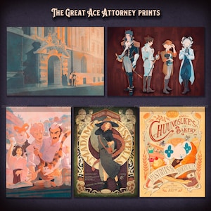 May include: A collection of art prints titled "The Great Ace Attorney Prints." The prints feature illustrations of characters and scenes, including a building facade, a group of figures, and bakery and exhibition posters. The color palette is warm with a vintage aesthetic.