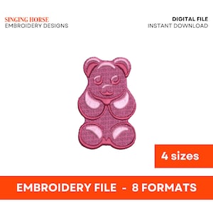 May include: Pink gummy bear embroidery design in four sizes. The design is available in eight embroidery file formats.
