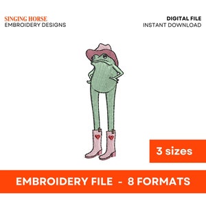 Puede incluir: Diseño bordado de una rana verde con un sombrero de vaquero rosa y botas rosas con corazones rojos. El diseño está disponible en 3 tamaños y 8 formatos.