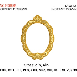 May include: Gold embroidery design of a decorative ornate frame, 3 inches and 4 inches in size.  The design is available in EXP, DST, JEF, PES, XXX, VP3, VIP, HUS, SHV, and PCS formats.