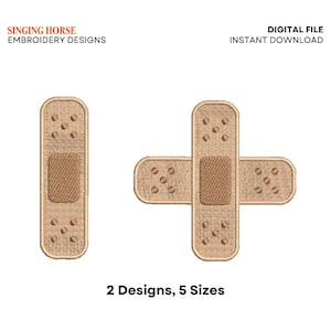 May include: Two tan-colored bandage embroidery designs. One is vertical, the other is a cross. The designs have a textured appearance with small, circular details. Text at the top reads "DIGITAL FILE INSTANT DOWNLOAD". The text at the bottom reads "2 Designs, 5 Sizes".