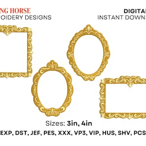 May include: Three gold embroidery designs of ornate frames. The frames are in square, oval, and rectangular shapes. The designs are available in sizes 3 inches and 4 inches. The file formats are EXP, DST, JEF, PES, XXX, VP3, VIP, HUS, SHV, and PCS.