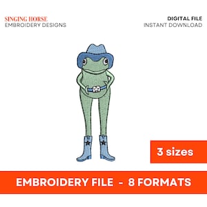 Puede incluir: Diseño bordado de una rana verde con un sombrero de vaquero azul, botas azules y un cinturón azul con una estrella. El diseño está disponible en 8 formatos y 3 tamaños.