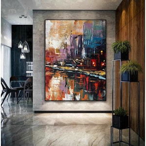 Original Abstract Cityscape Painting — Vibrant Urban Skyline, Textured Acrylic on Canvas, Modern Wall Art