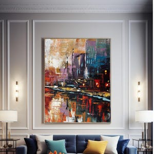 Original Abstract Cityscape Painting — Vibrant Urban Skyline, Textured Acrylic on Canvas, Modern Wall Art