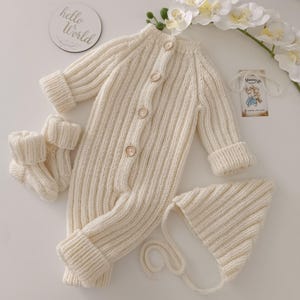 Handmade Baby Knit Set – Cream Ribbed Overall, Bonnet & Booties – Newborn Gift Outfit