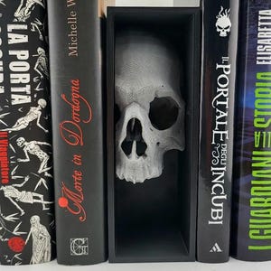 Peut inclure: Un serre-livres en forme de crâne blanc avec un cadre noir. Le serre-livres est placé entre quatre livres avec des titres italiens. Les livres sont "La Porta Oscura", "Morte in Dordogna", "Il Portale degli Incub", et "I Guardiani della Storia".