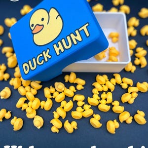 May include: A blue box with the text "DUCK HUNT" and a yellow duck illustration. The box is open, revealing a white interior and scattered yellow duck figurines. The phrase "Hide... and seek!" is written below.
