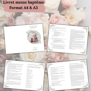 May include: A set of baptism booklets with a floral background. The cover features a baby's photo surrounded by white flowers and the name "Nancy" with the date "20.09.2025". The text "Livret messe baptême Format A4 & A3" is at the top.