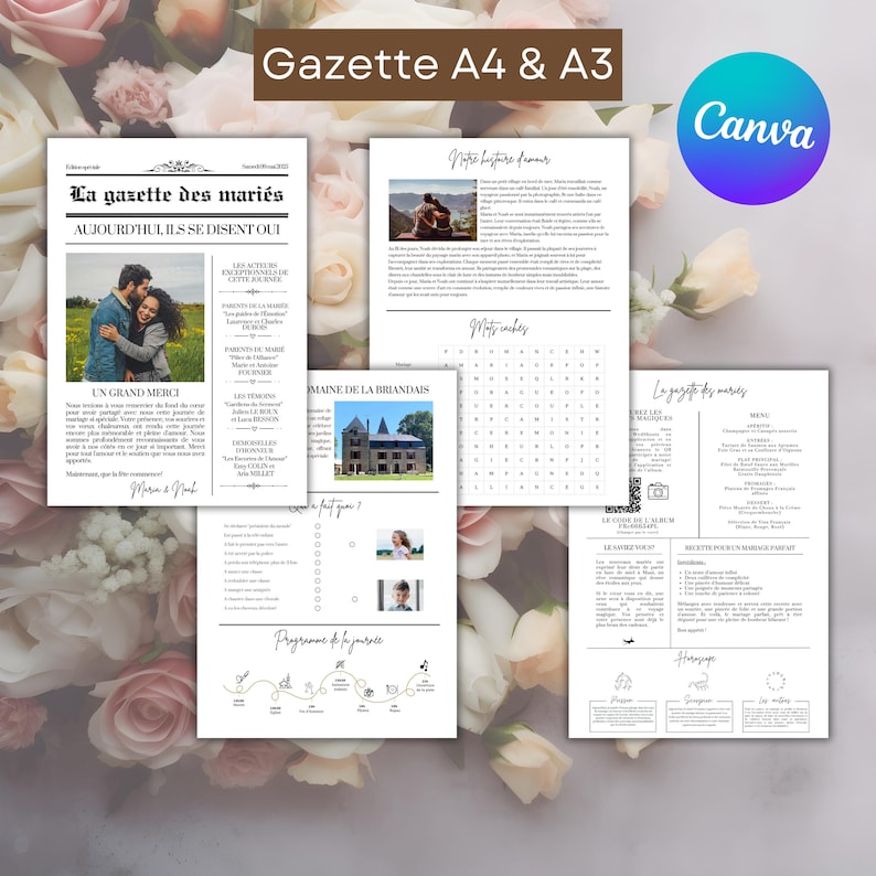 May include: A wedding announcement in the style of a newspaper, with a photo of the couple, a wedding program, a word search puzzle, and a menu. The headline reads "La gazette des mari&eacute;s" and "Aujourd'hui, ils se disent oui".