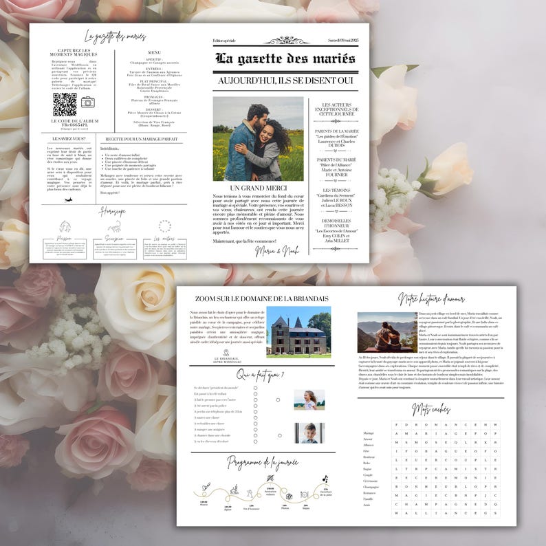 May include: A wedding announcement newspaper with a black and white design. The headline reads "La gazette des mari&eacute;s" and the subheading reads "Aujourd'hui, ils se disent oui". The newspaper features a photo of the couple, a map of the wedding venue, and a wedding program.