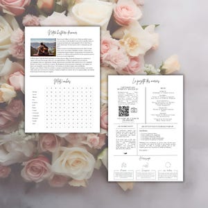May include: A wedding invitation with a black and white design. The invitation includes a word search puzzle, a QR code, a menu, and a recipe for a perfect marriage. The text on the invitation includes "Notre histoire d'amour", "Maty cachey", "La gazette des mari&eacute;s", "Capturez les moments magiques", "Le code de l'album photo", "Savez-vous?", "Recette pour un mariage parfait", and "Horoscope".