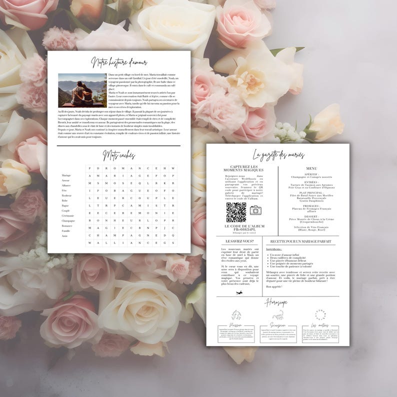 May include: A wedding invitation with a black and white design. The invitation includes a word search puzzle, a QR code, a menu, and a recipe for a perfect marriage. The text on the invitation includes "Notre histoire d'amour", "Maty cachey", "La gazette des mari&eacute;s", "Capturez les moments magiques", "Le code de l'album photo", "Savez-vous?", "Recette pour un mariage parfait", and "Horoscope".