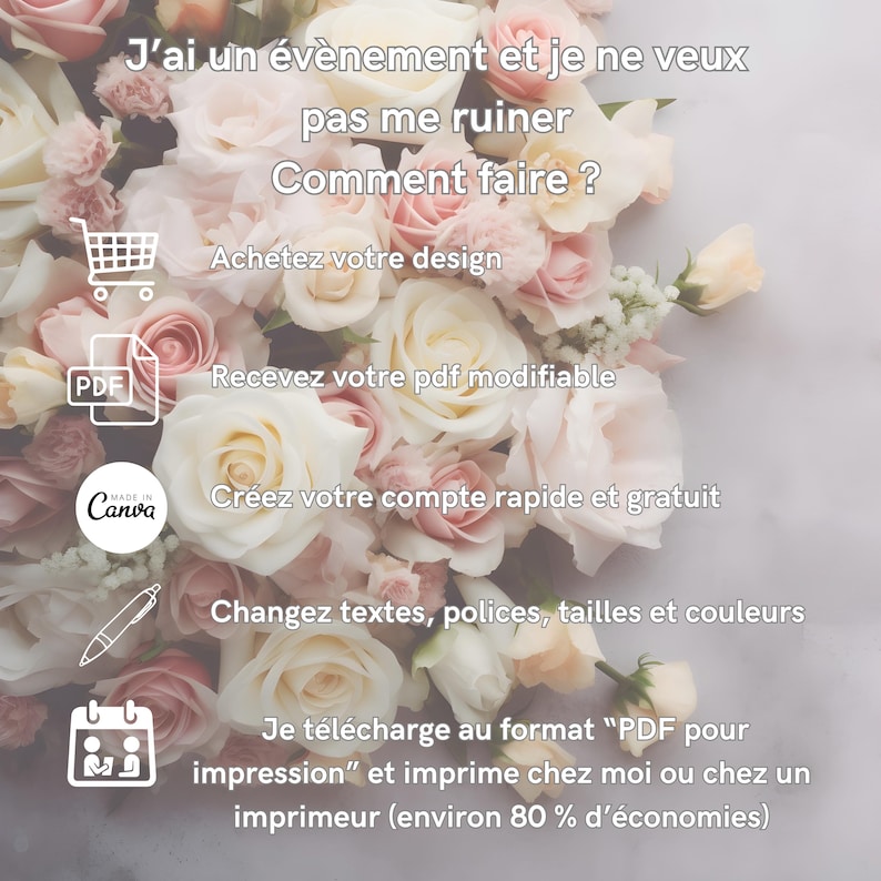 May include: A graphic with a pink and white floral background and text that reads "J'ai un &eacute;v&egrave;nement et je ne veux pas me ruiner Comment faire?"  The graphic also includes icons for a shopping cart, a PDF file, a Canva logo, a pen, and a calendar.