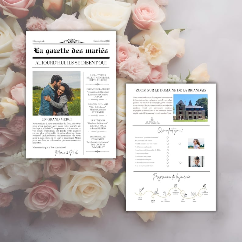 May include: A wedding announcement in the style of a newspaper with the headline "La gazette des mari&eacute;s." The announcement includes the names of the bride and groom, their parents, and the wedding party. The announcement also includes a photo of the bride and groom, a map of the wedding venue, and a schedule of events.