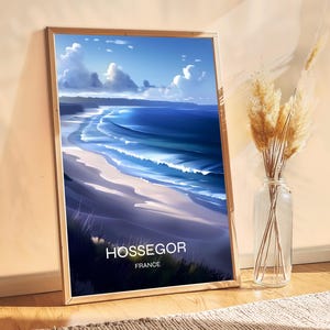 Póster de Hossegor, Francia, decoración de viajes exóticos, paisaje oceánico de un lugar para surfear, perfecto para el hogar o para reservar, arte de una isla tropical